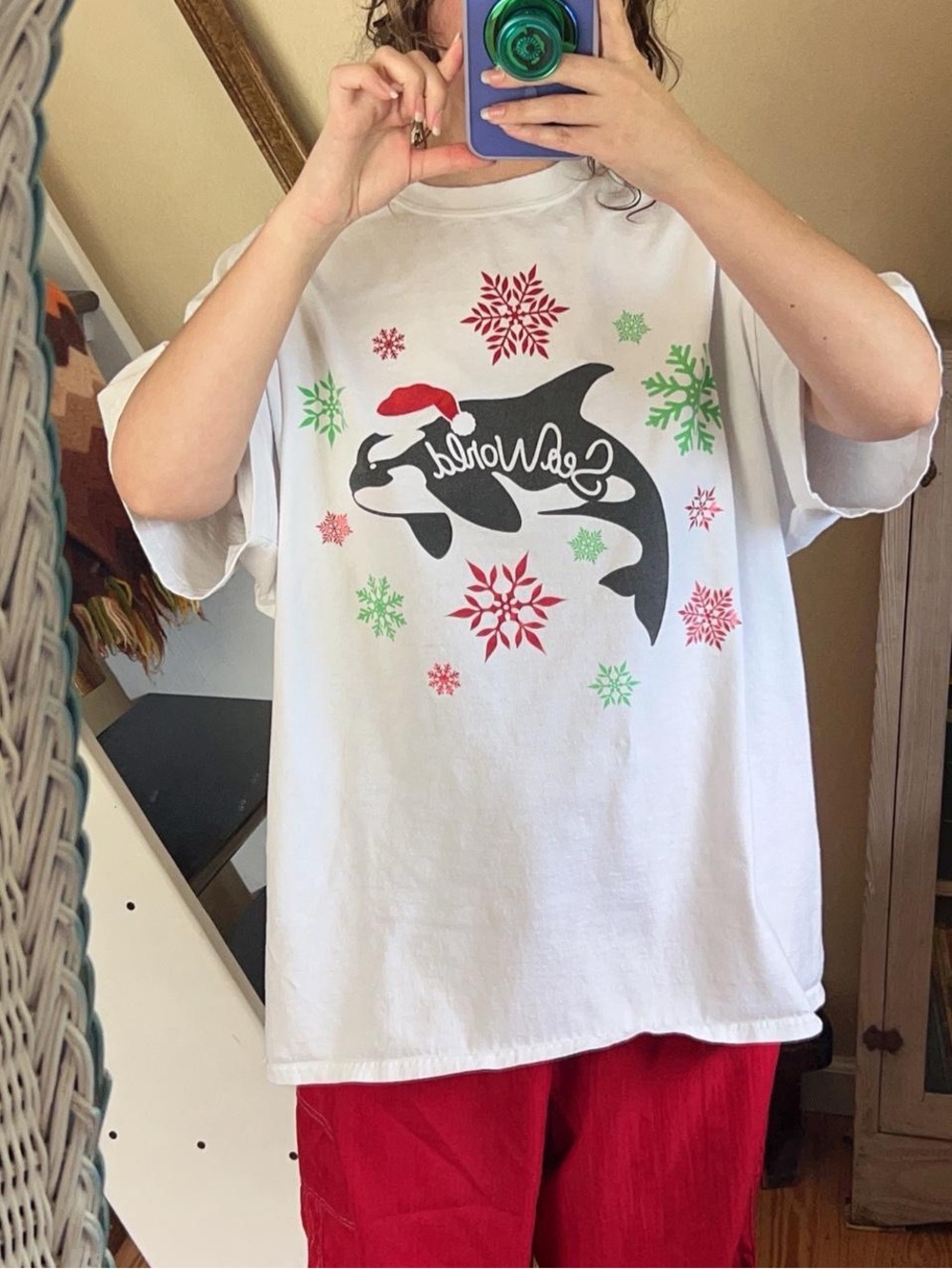 Y2K Sea World Christmas Snowflake Oversized Tee Shirt Orca Holiday Santa Hat XXL